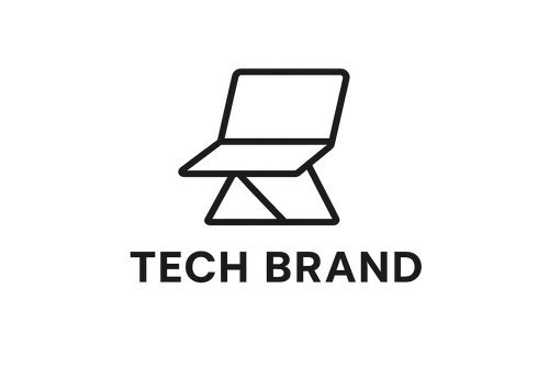 A minimalist modern logo design for a tech brand selling portable laptop stands. Clean geometric lines, simple laptop stand icon, with a professional sans-serif font. Flat design, black and white version, vector style for e-commerce brand.