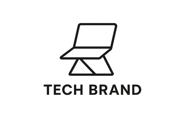 A minimalist modern logo design for a tech brand selling portable laptop stands. Clean geometric lines, simple laptop stand icon, with a professional sans-serif font. Flat design, black and white version, vector style for e-commerce brand.